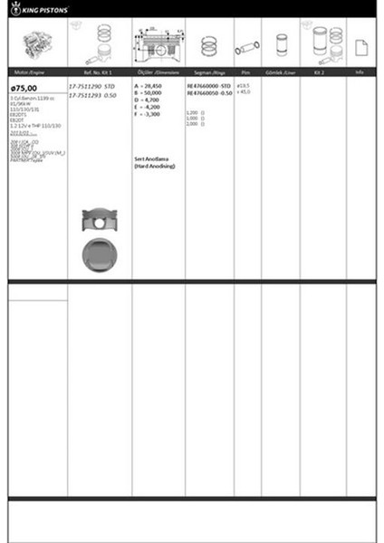 KING PISTONS Piston Segman Riken Seg. 0.50 75 Opel-Cıtroen-Peugeot-Ds/hny EB2DTS-EB2DT-1.2 12V E Thp 110-130 208