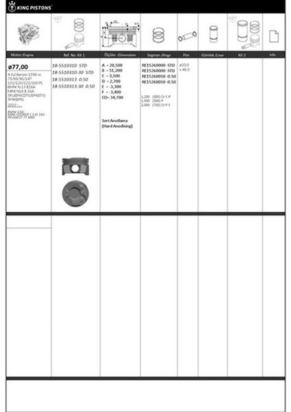 Pıston Segman 0.50MM 77.50MM Bmw N13 B16 F20 F30 Mını N18 R55 R56 R58 R59 R60 Peugeot 5fw Ep6 5008