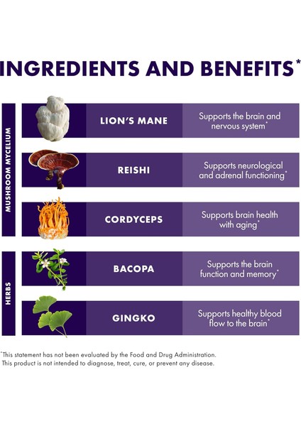 Mycobotanicals Brain Mushrooms Lions Mane Reishi Cordyceps Bacopa Ginkgo Supports Mental Clarity