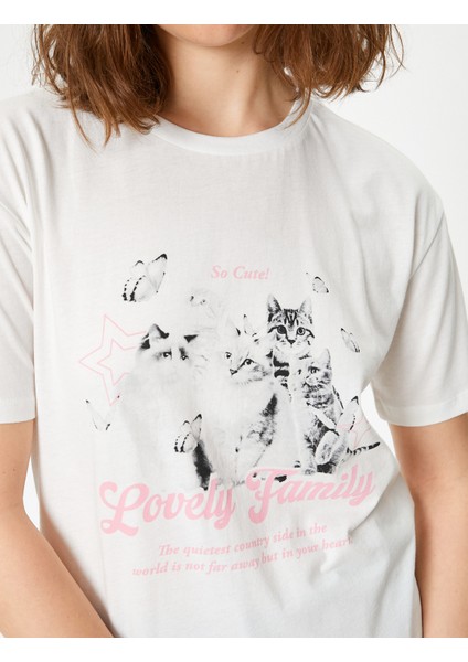 Kedi Baskılı Tişört Bisiklet Yaka Oversize Kısa Kollu Pamuklu indirimleri