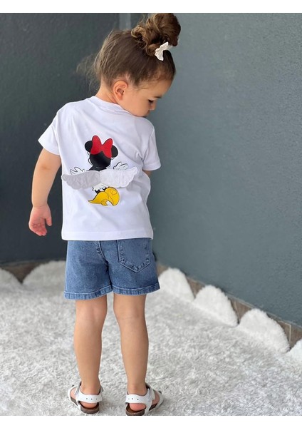 Beyaz Minnie Mouse Kanat Detaylı T-Shirt Kot Şort Takım