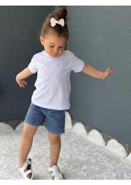 Beyaz Minnie Mouse Kanat Detaylı T-Shirt Kot Şort Takım