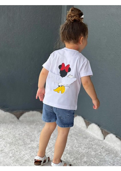 Beyaz Minnie Mouse Kanat Detaylı T-Shirt Kot Şort Takım
