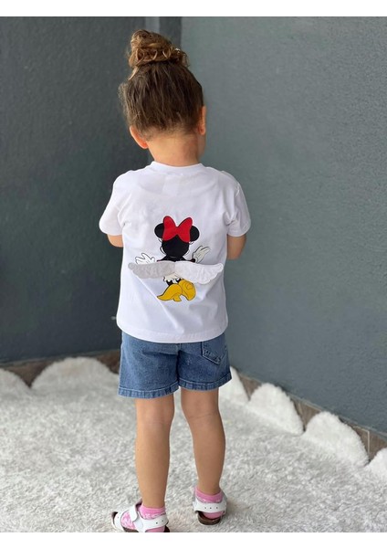 Beyaz Minnie Mouse Kanat Detaylı T-Shirt Kot Şort Takım