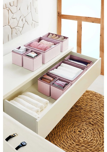 Pudra 4'lü Çizgili Dolap,çekmece Içi Organizer Seti 28X28X13-28X13X13-13X13X13