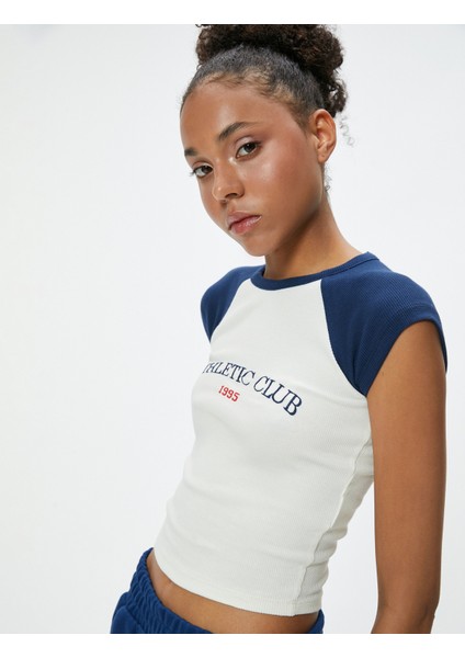 Crop Spor Tişört Baskılı Bisiklet Yaka Reglan Kollu Slim Fit