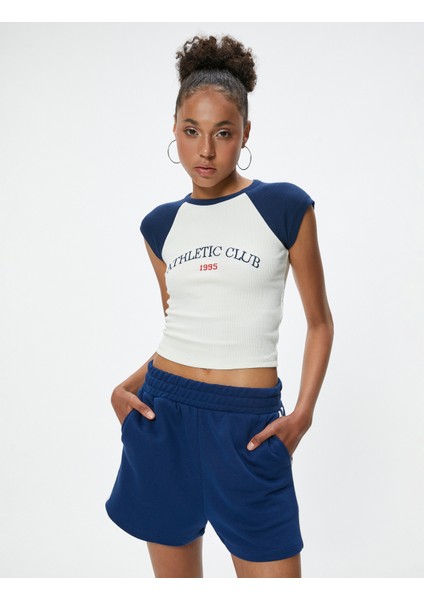 Crop Spor Tişört Baskılı Bisiklet Yaka Reglan Kollu Slim Fit