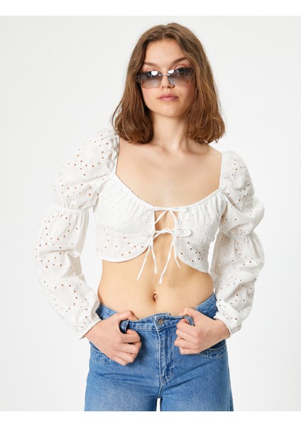 Fisto Crop Bluz Balon Kol Kalp Yaka Bağlama Detaylı Slim Fit