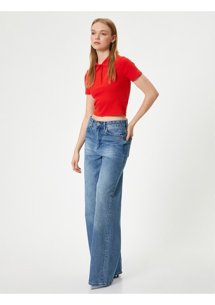 Polo Yaka Tişört Crop Slim Fit Düğmeli Kısa Kollu fiyatları