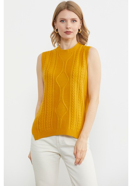 Arkası Uzun Motifli Triko Süveter - Hardal modelleri