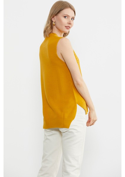 Arkası Uzun Motifli Triko Süveter - Hardal fırsatları