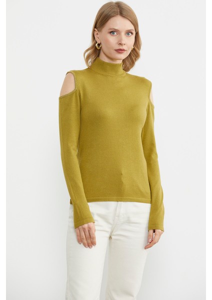 Omuzları Açık Triko Kazak - Yeşil