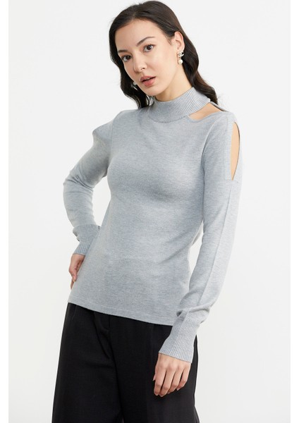 Kol Detaylı Triko Kazak - Açık Gri modelleri