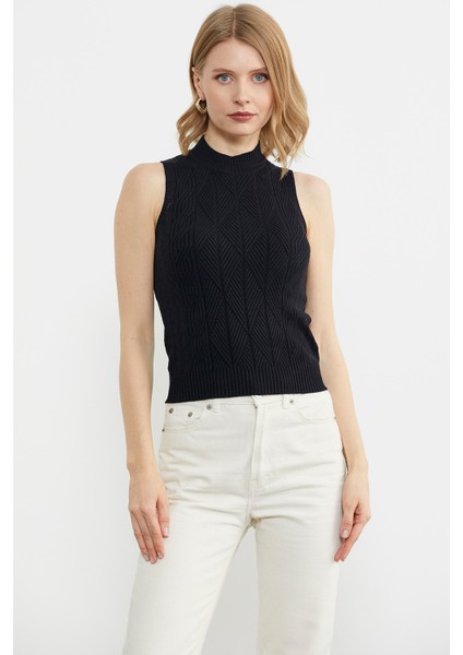 Motifli Dik Yaka Triko Süveter - Siyah modelleri