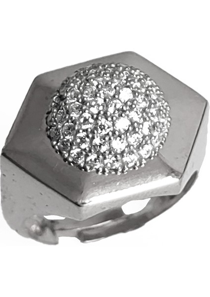 Ortası Yuvarlak Çokgen Model Gümüş Yüzük - Rodyum Renk