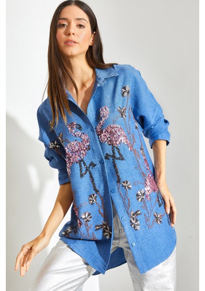 Kadın Flamingo Pul Nakışlı Sofya Keten Gömlek