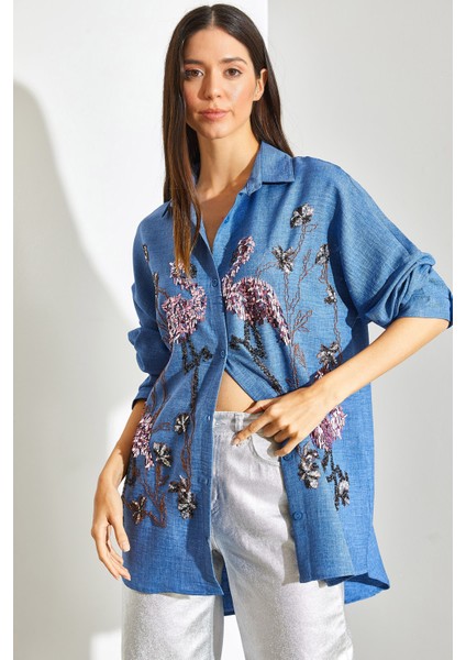 Kadın Flamingo Pul Nakışlı Sofya Keten Gömlek modelleri