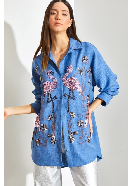 Kadın Flamingo Pul Nakışlı Sofya Keten Gömlek fırsatları