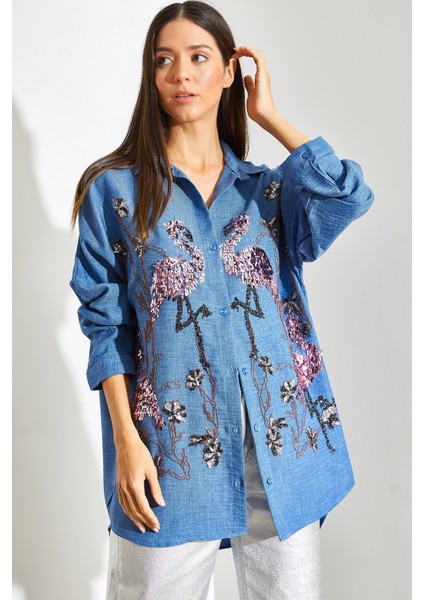 Kadın Flamingo Pul Nakışlı Sofya Keten Gömlek indirimleri