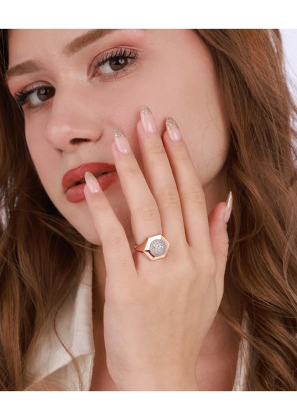 Ortası Yuvarlak Çokgen Model Gümüş Yüzük - Rose Renk