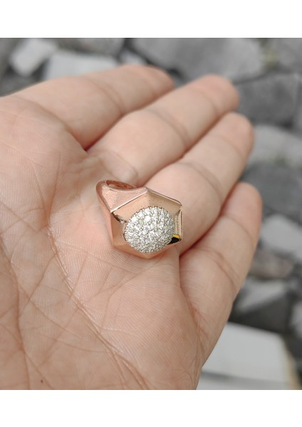 Ortası Yuvarlak Çokgen Model Gümüş Yüzük - Rose Renk fiyatları