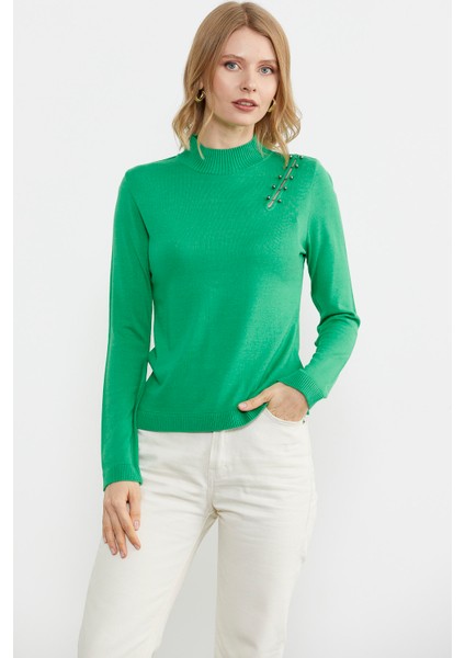 Omuz Aksesuarlı Triko Kazak - Yeşil fırsatları