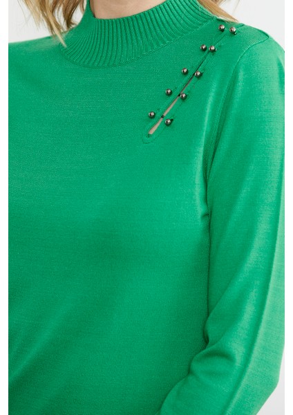 Omuz Aksesuarlı Triko Kazak - Yeşil indirimleri