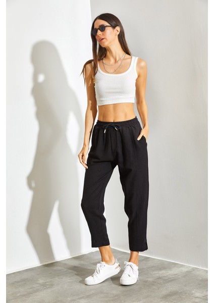 Kadın Keten Paça Detaylı Beli Lastikli Cepli Şalvar Pantolon fiyatları