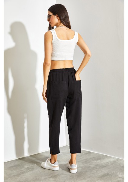 Kadın Keten Paça Detaylı Beli Lastikli Cepli Şalvar Pantolon fırsatları