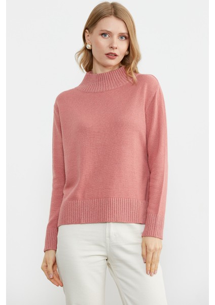 Yarım Balıkçı Sim Detaylı Triko Kazak - Somon