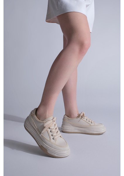 Kadın Sneaker Yüksek Taban Bağcıklı Bez Spor Ayakkabı Kotnel