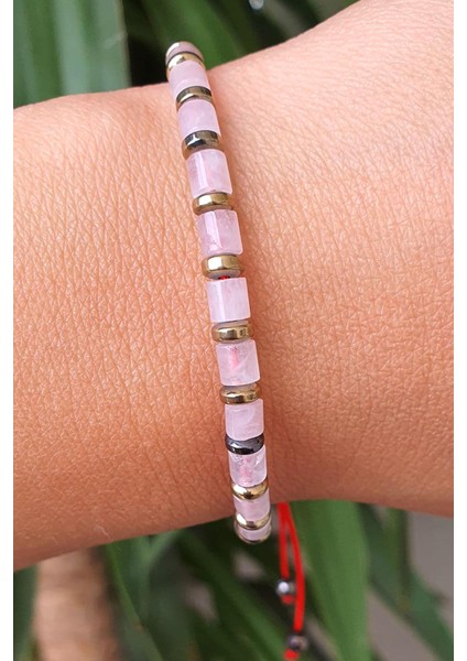 Pembe Kuvars ve Hematit Taşlı El Işi Tasarım Doğal Taş Bileklik