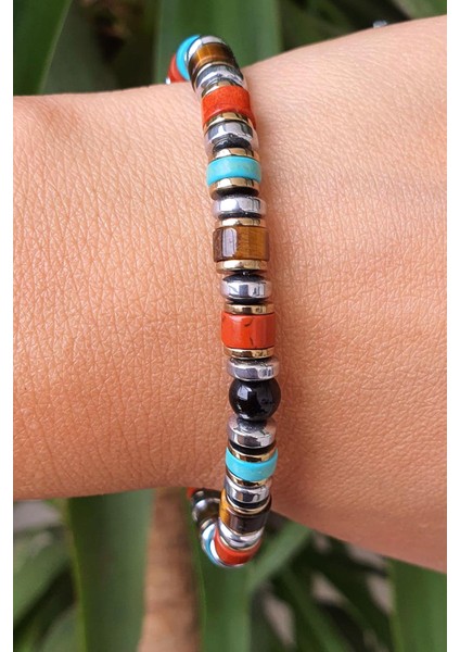 Akik Turkuaz Kaplan Gözü ve Hematit Taşlı Tasarım Doğal Taş Bileklik