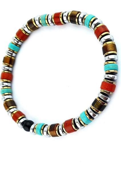 Akik Turkuaz Kaplan Gözü ve Hematit Taşlı Tasarım Doğal Taş Bileklik fiyatları