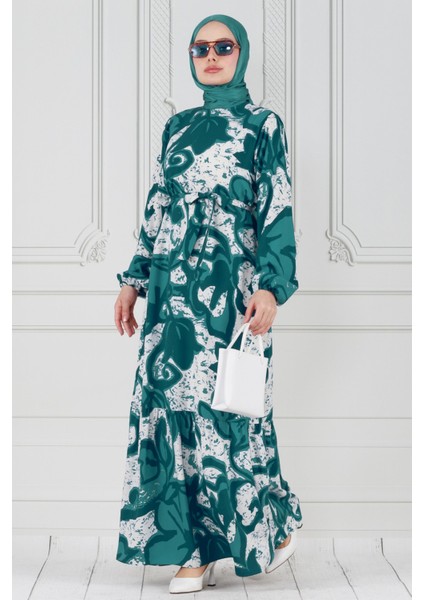 Lale Desenli Beli Kuşaklı Viskon Elbise-Yeşil fiyatları