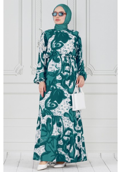 Lale Desenli Beli Kuşaklı Viskon Elbise-Yeşil modelleri