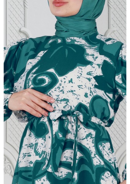 Lale Desenli Beli Kuşaklı Viskon Elbise-Yeşil fırsatları