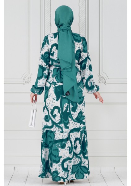 Lale Desenli Beli Kuşaklı Viskon Elbise-Yeşil indirimleri