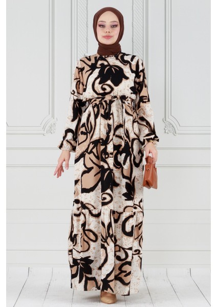 Lale Desenli Beli Kuşaklı Viskon Elbise-Vizon