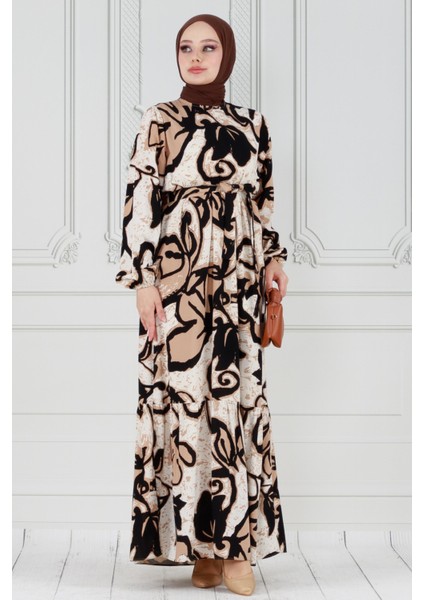 Lale Desenli Beli Kuşaklı Viskon Elbise-Vizon fiyatları