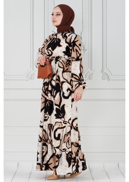 Lale Desenli Beli Kuşaklı Viskon Elbise-Vizon modelleri
