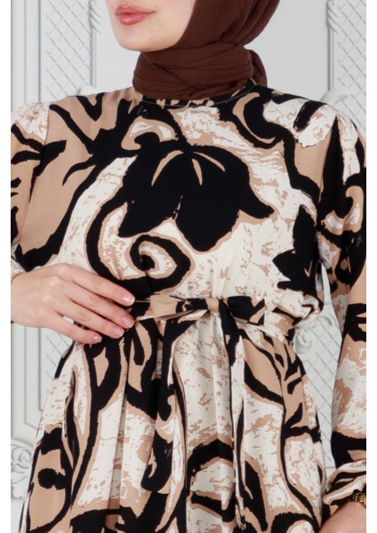 Lale Desenli Beli Kuşaklı Viskon Elbise-Vizon fırsatları