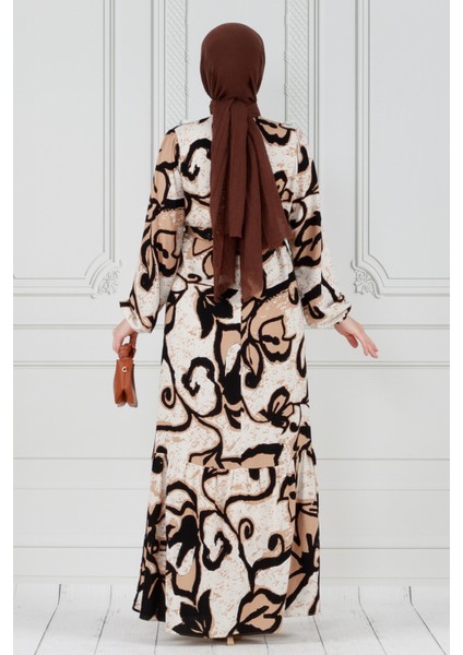 Lale Desenli Beli Kuşaklı Viskon Elbise-Vizon indirimleri