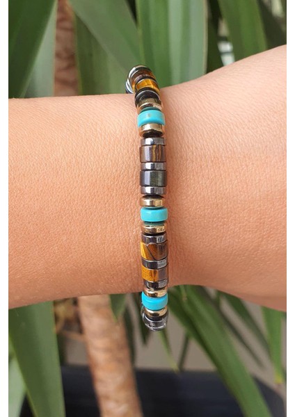 Kaplan Gözü Hematit ve Turkuaz Taşlı Doğal Taş Bileklik fiyatları