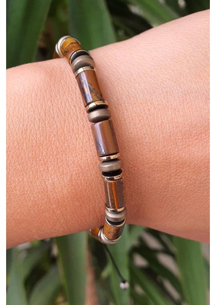 Kaplan Gözü ve Hematit Taşlı El.işi Tasarım Doğal Taş Bileklik