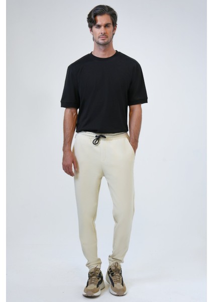 Bej Regular Fit Pamuklu Beli Bağcıklı Jogger Pantolon
