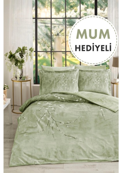 White Sakura Yeşil Çift Kişilik Nevresim Takımı Mum Hediyeli