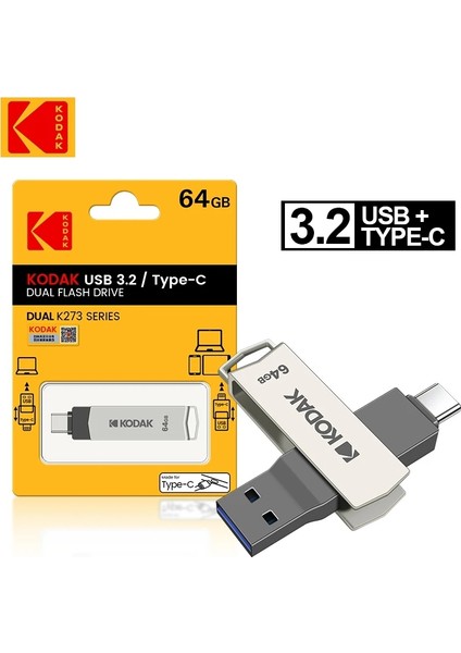 64Gb.K273 Type-C ve USB 3.2 Type-C Girişli Tüm Cihazlara İphone Serisine Uygun ve İphone Dönüştürücü Hediye Yüksek Hızlı Usb Otg Flash Bellek Çift Giriş Metal Sağlam Orjinal