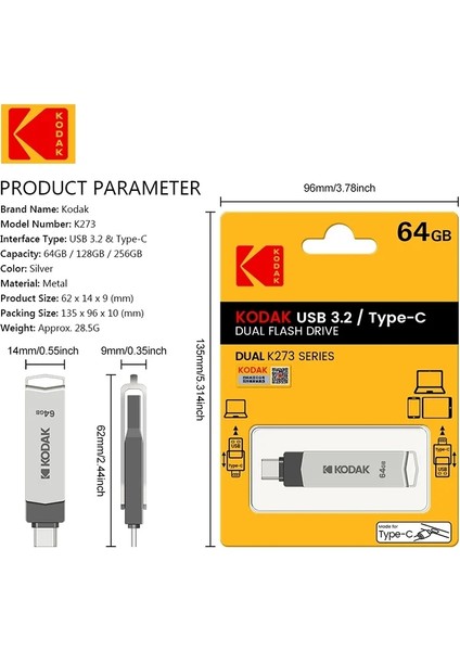 64Gb.K273 Type-C ve USB 3.2 Type-C Girişli Tüm Cihazlara İphone Serisine Uygun ve İphone Dönüştürücü Hediye Yüksek Hızlı Usb Otg Flash Bellek Çift Giriş Metal Sağlam Orjinal