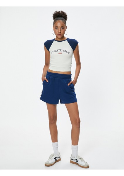 Crop Spor Tişört Baskılı Bisiklet Yaka Reglan Kollu Slim Fit